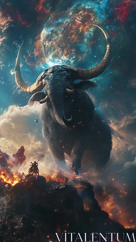 Colossal cosmic buffalo charging above volcanic summit.
