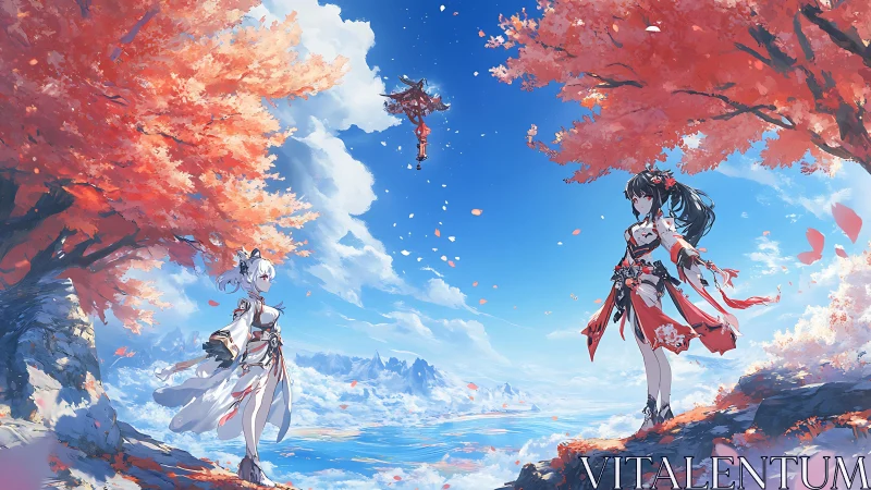 Dual warrior figures beneath vermilion maple canopy at cliffside.