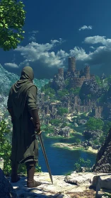 Hooded swordsman observing distant medieval riverside citadel.