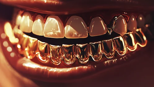 Gilded grin ignites the dark with molten metallic teeth glow.