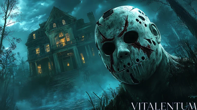 Bloodstained mask broods before a storm-lit haunted mansion.