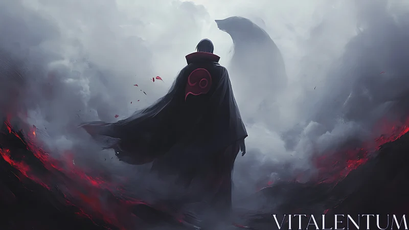 Dark cloaked figure faces looming spectral creature in fog