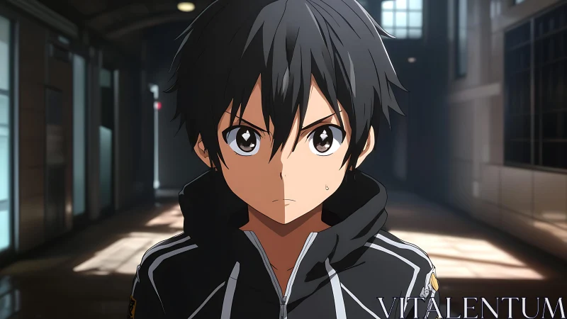 Black haired anime boy in corridor under directional light.