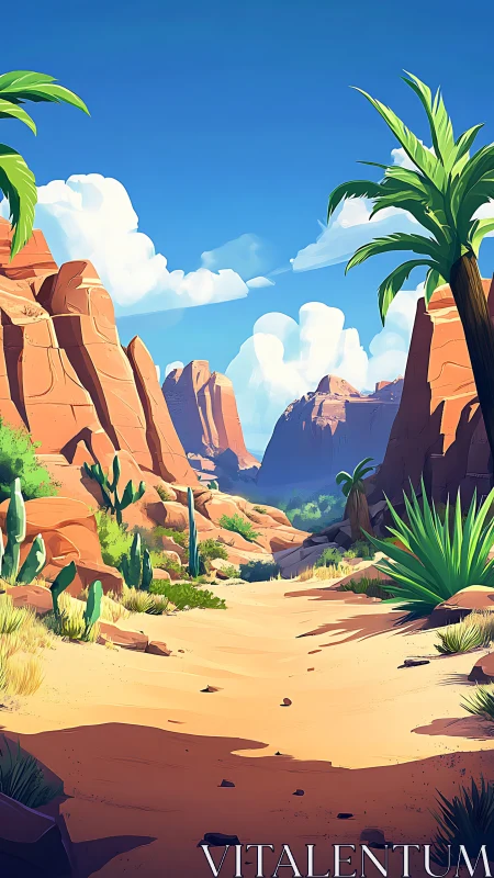 Sunlit stylized canyon valley with arid vegetation and deep depth
