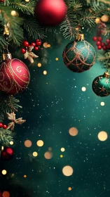 Christmas tree ornaments with festive bokeh lights.