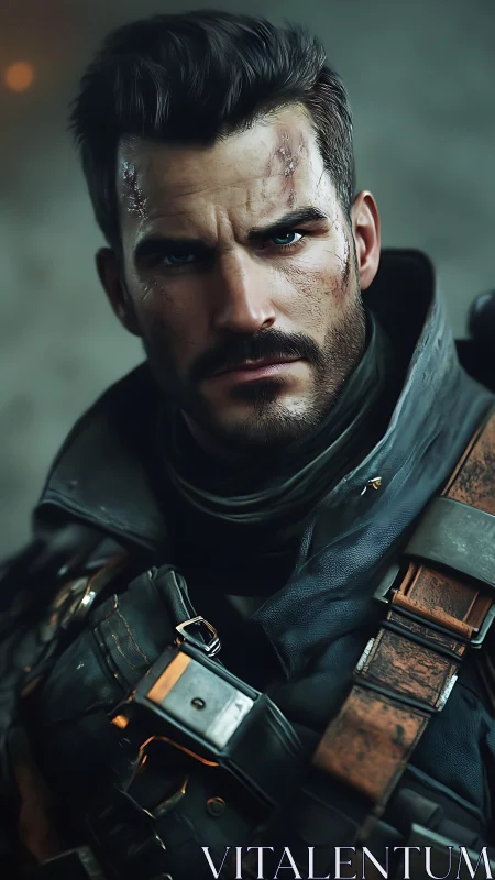 Weathered future guardian with steel-blue, determined gaze.