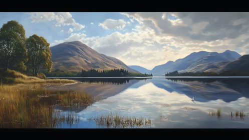 Mountain lake reflects autumn slopes under soft morning light