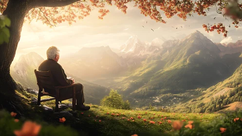 Elderly man on bench overlooking sunlit alpine valley.