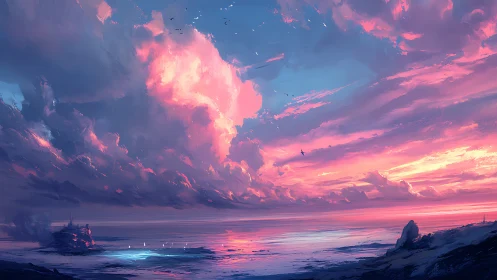 Luminescent coastal sunset under expansive pink clouds.