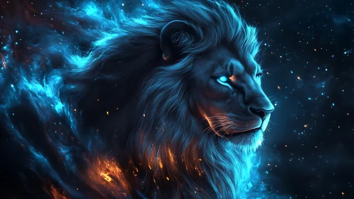 Mythic cosmic lion portrait in luminous digital painting.