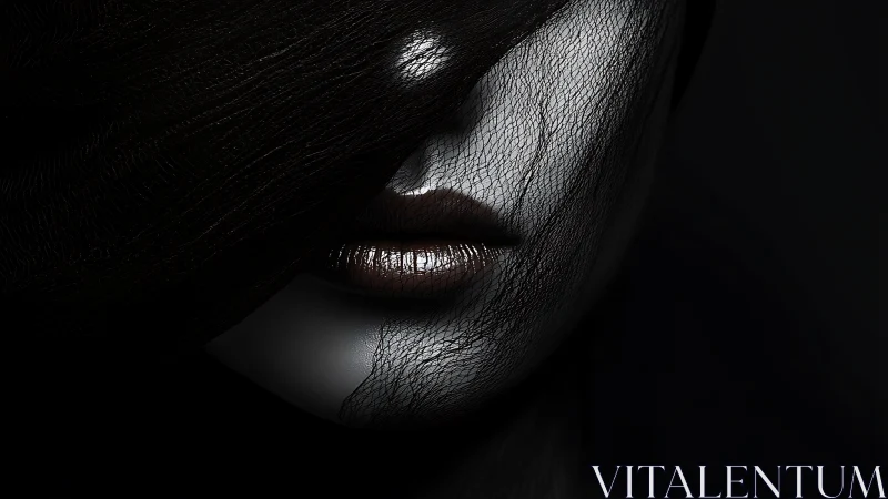 High-contrast veiled portrait isolates metallic lips and masked skin