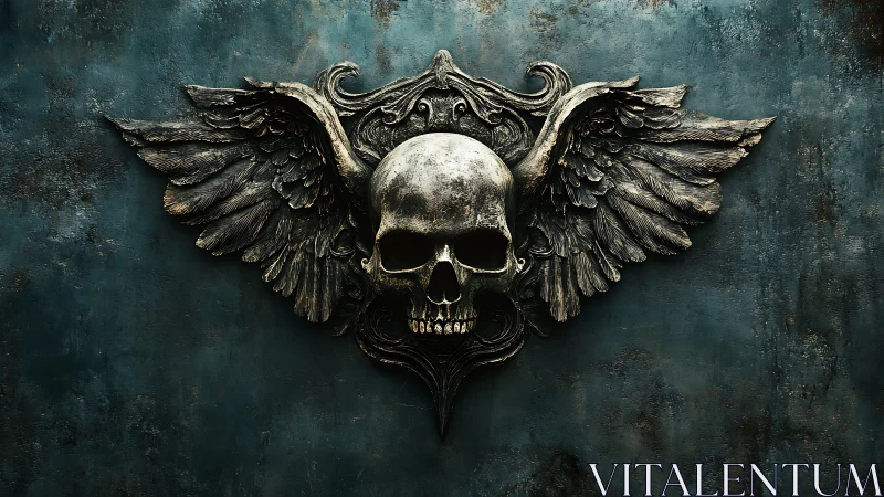 Winged skull relief is mounted against a textured wall