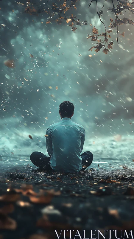 Solitary figure in swirling autumn storm of memory.