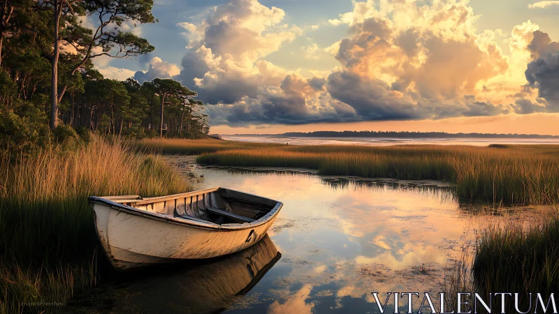 Weathered rowboat rests in golden marsh sunset light.