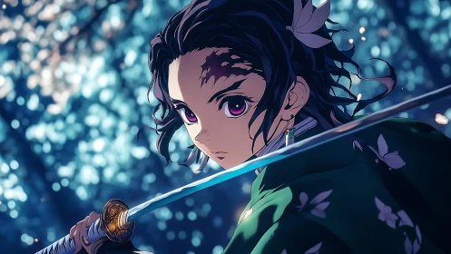 Anime swordsman in dynamic close-up with bokeh forest light.