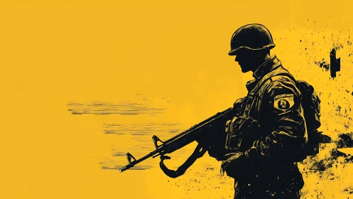 Silhouetted soldier with rifle rendered in high contrast graphic profile