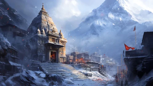 Snowbound mountain temple ignited by warm ceremonial fires.