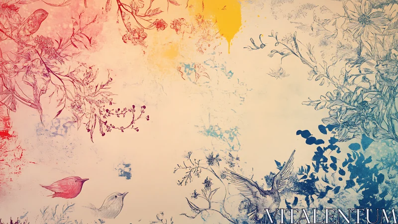 Illustrated songbirds with botanical gradients and ink florals.