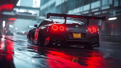 Midnight GT-R carves neon reflections through storm slick streets