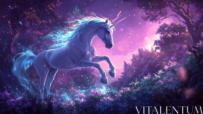 Luminescent unicorn rearing in bioluminescent forest dusk atmosphere