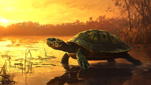 Sunlit turtle pauses in a glowing golden wetland sunset