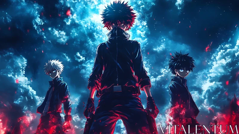 Storm-lit anime trio stand amid glowing red embers.