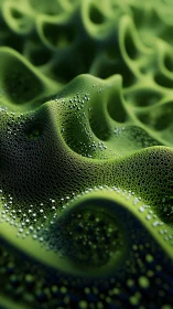 Green cellular landscape with dew-like spherical droplets.