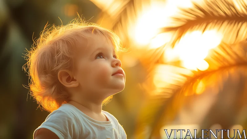 Child portrait with golden hour backlighting and sunflower foliage.
