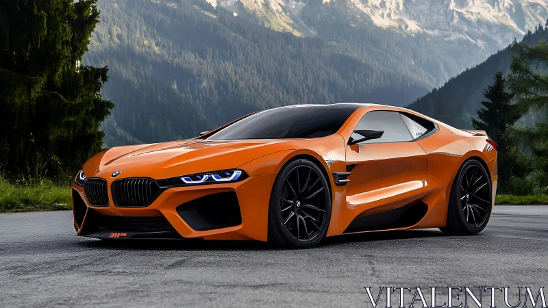 Orange BMW sports coupe on mountain road in daylight.
