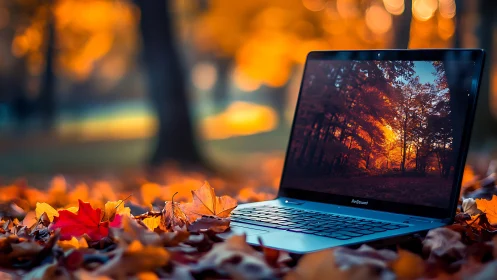Laptop amid glowing autumn leaves in soft bokeh forest scene.