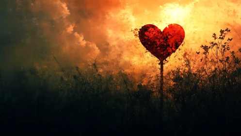 Heart-shaped bloom silhouetted against golden sunset sky.