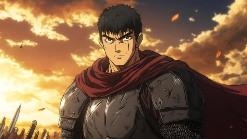 Scarred warrior stands in crimson cloak at burning dusk.