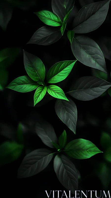 Luminous green leaves resting gently in deep forest calm.