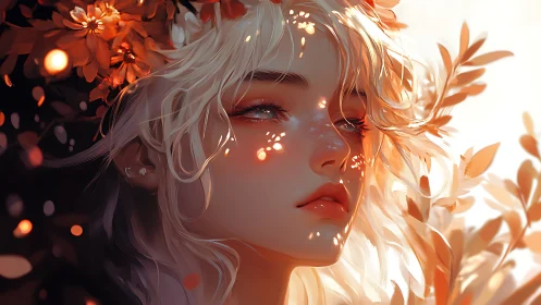 Soft light on blonde woman surrounded by warm foliage.