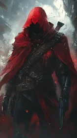 Hooded figure in red cloak stands armed in smoky ruins