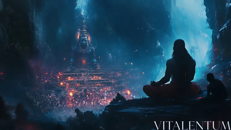 Mystic cavern meditation before glowing mountain deity.