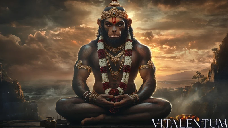 Photorealistic meditative Hanuman deity in sunset mountain vista