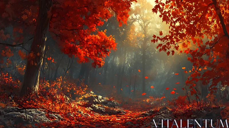 Misty Autumn Forest Canopy with Luminous Foliage Rendering
