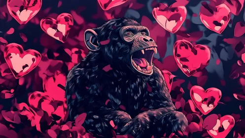 Vocalizing chimpanzee amid refracted heart particulates.