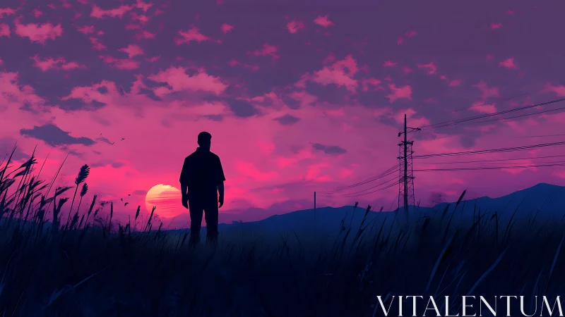 Silhouette watches neon sunset over distant powerlines.