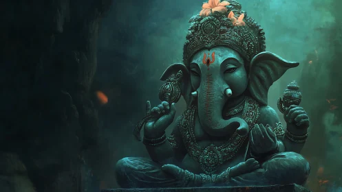 Peaceful elephant deity statue glowing in gentle teal light.