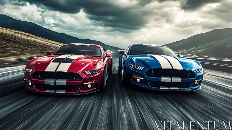 Dual high-performance muscle cars in synchronized highway sprint.