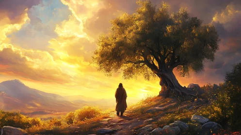 Solitary wanderer greeting a golden horizon under ancient boughs.