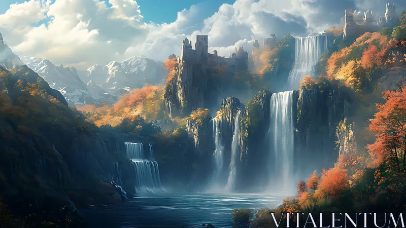 Majestic cliffside castle above cascading mountain waterfalls.