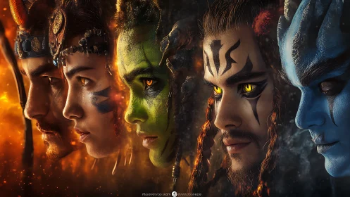 Elemental warrior faces align in burning cinematic side profile