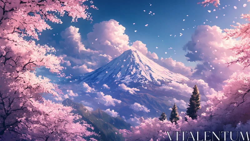 Snowcapped peak framed by luminous cherry blossoms at dusk.