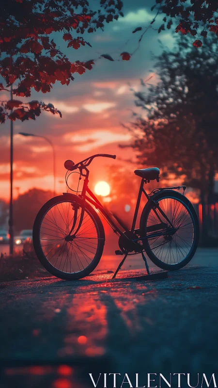 Bicycle Silhouette Against Dramatic Sunset Landscape.