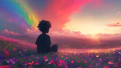 Dreamlike sunset meadow with child under rainbow sky.