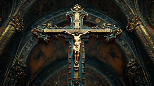 Ornate gilded crucifix rendered with high-contrast cathedral lighting