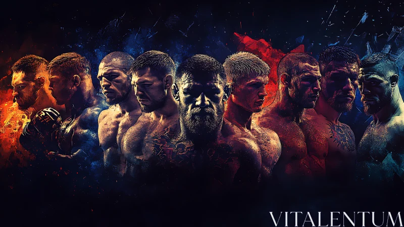 Composite portrait of male fighters rendered with dynamic light and color separation